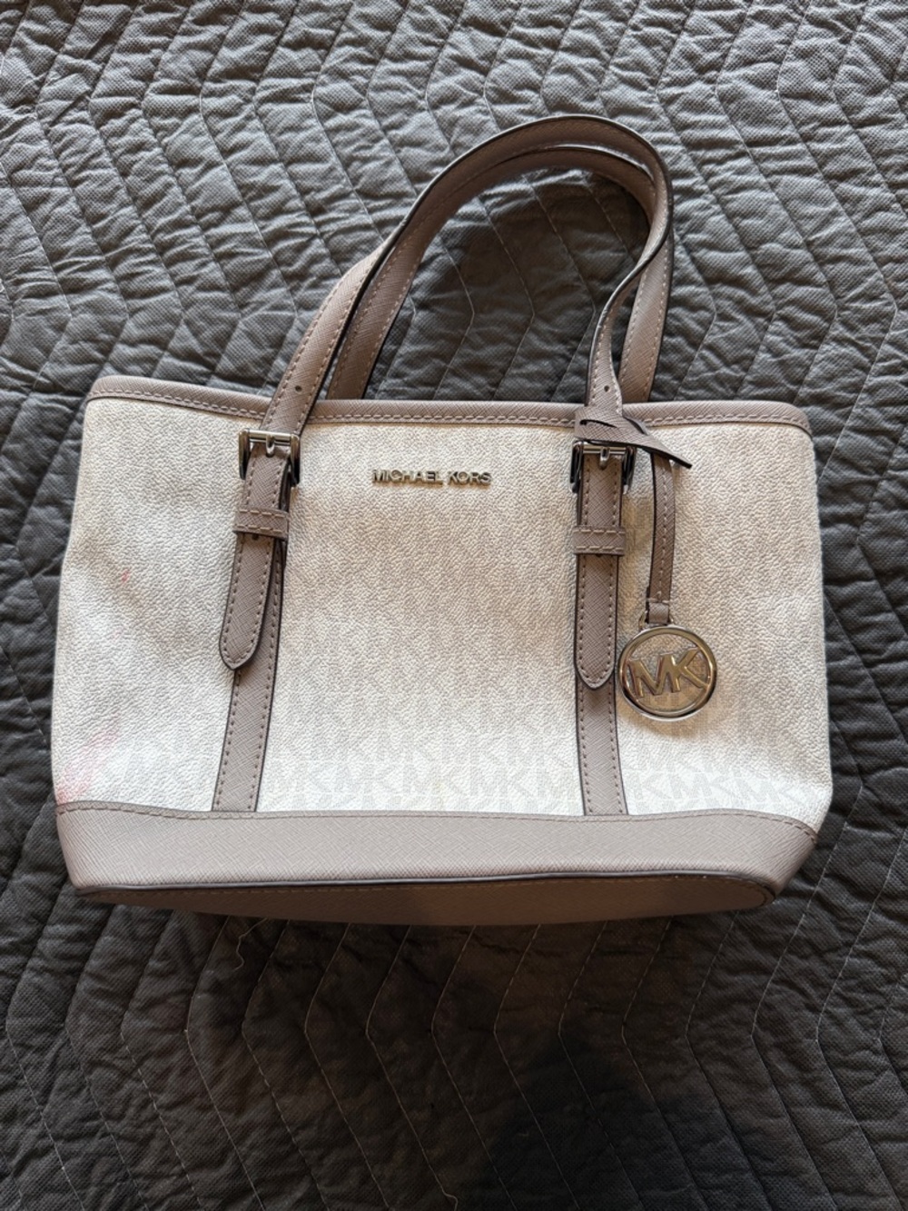 Michael Kors Cream and Taupe Logo Tote with Gold Hardware